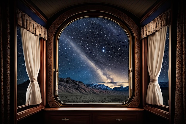 Treno di lusso con vista sul cielo notturno e sulle stelle visibili attraverso il finestrino