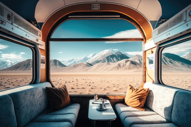 Treno di lusso con vista sulle montagne innevate e cieli azzurri