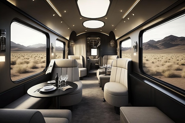 Treno di lusso dal design elegante e moderno con interni minimalisti e arredi eleganti