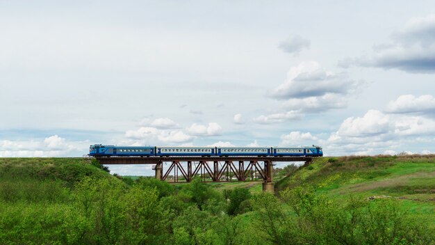 Treno diesel. il treno passeggeri blu viaggia su una pista nell'erba. ferrovia in campo.