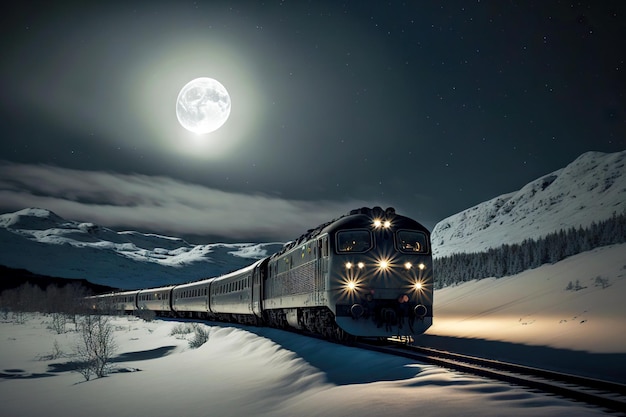 Treno espresso polare che corre sulla ferrovia notturna sullo sfondo della luna