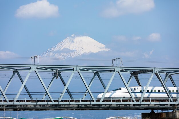 treno ferroviario shinkansen su sfondo di montagna fuji