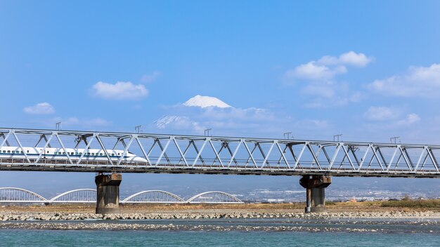 treno ferroviario shinkansen su sfondo di montagna fuji