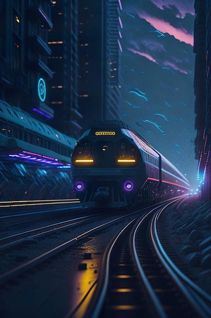 Treno futuristico con dettagli al neon in uno scenario di sfondo cyberpunk Generativo ai