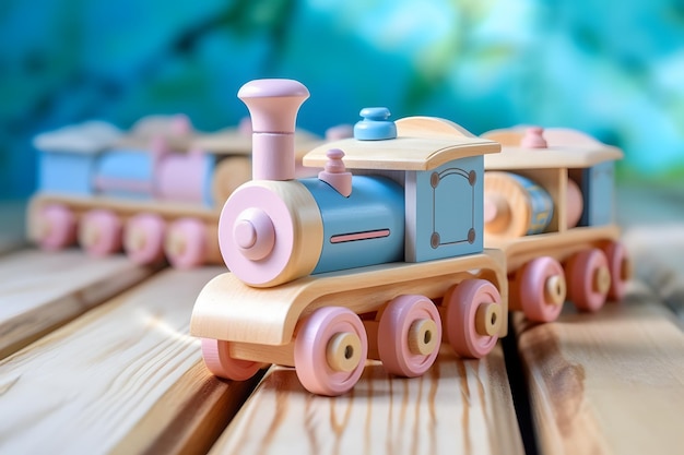 Treno giocattolo d'epoca in legno su tavolo rustico con fascino nostalgico e spirito giocoso per me dell'infanzia