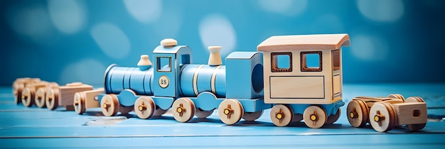Treno giocattolo di legno colorato su tavolo blu per il tempo di gioco e l'immaginazione dei bambini