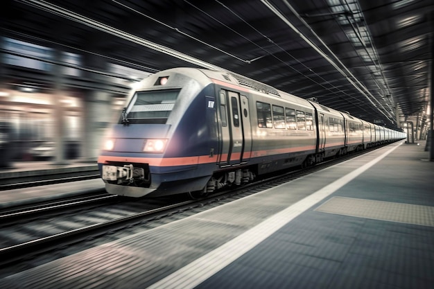 Treno in rapido movimento nella stazione creata con l'IA generativa