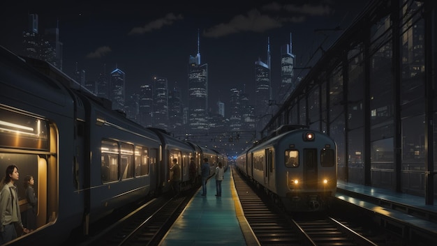 Treno lento notturno oscurato Un viaggio rilassante attraverso il paesaggio urbano dopo il tramonto