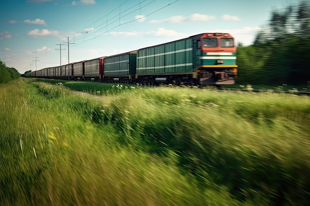 Treno merci che trasporta container di spedizione raffigurato con sfocatura di movimento che rappresenta il concetto di consegna rapida delle merci Creato utilizzando l'IA generativa