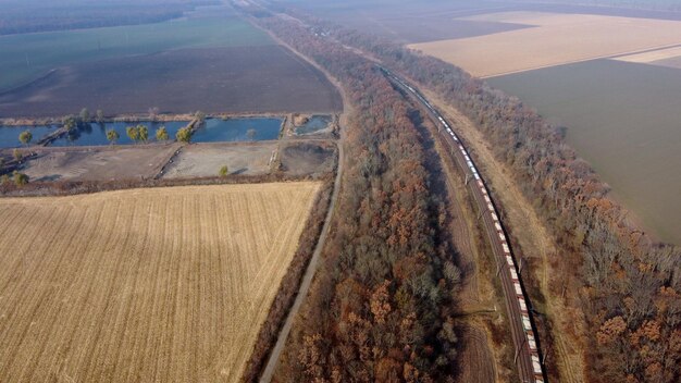 Treno merci in movimento panoramico lungo i binari ferroviari alberi campi agricoli