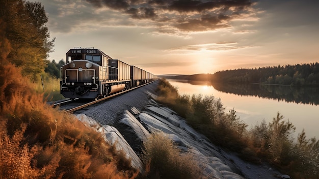 Treno merci su un paesaggio panoramico che spedisce grandi container IA generativa