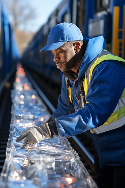 Treno merci sui binari Pallet con merci sulla piattaforma Una pila di cartoni