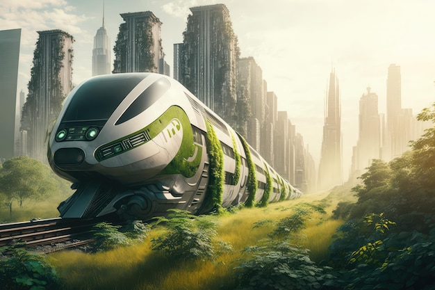 Treno moderno che accelera oltre il paesaggio urbano futuristico con vegetazione visibile sullo sfondo