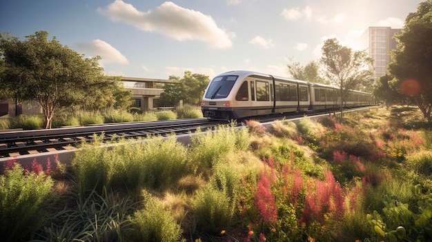 Treno passeggeri elettrico e autonomo sostenibile nel paesaggio verde