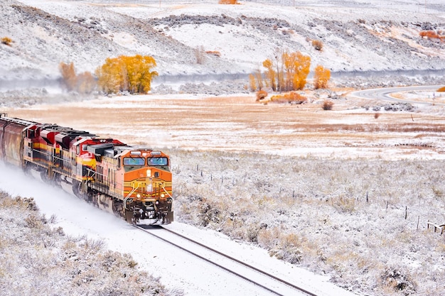 Treno per il trasporto di carri cisterna Stagione che cambia dall'autunno all'inverno