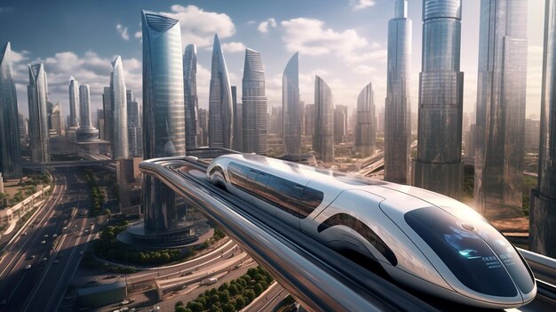 Treno proiettile ad alta velocità ai generativo che viaggia attraverso la città futuristica