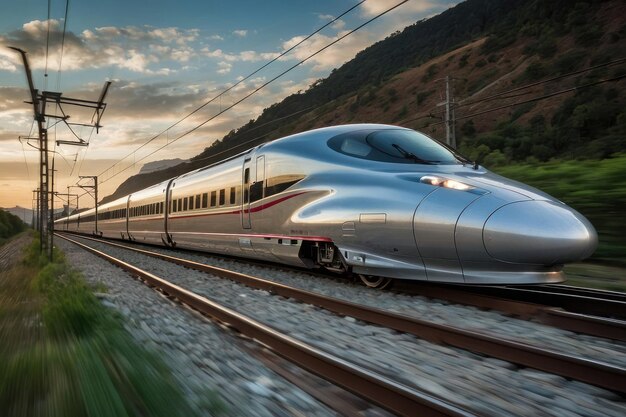 Treno proiettile in velocità sui binari con le montagne