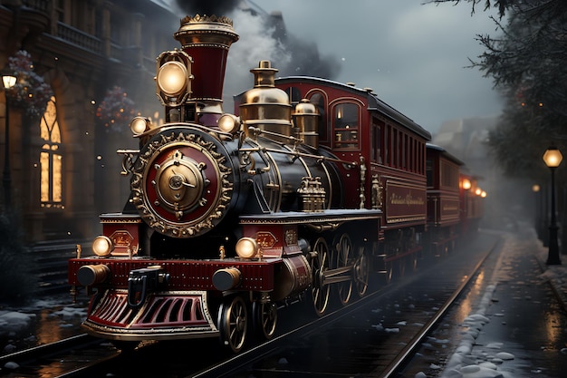 treno rosso di Babbo Natale nella foresta innevata in inverno