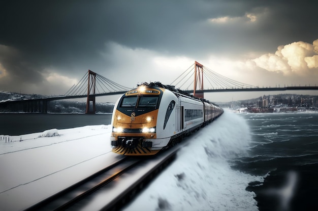 Treno spazzaneve con turbine che sfreccia tra i cumuli di neve sulla ferrovia Generative AI