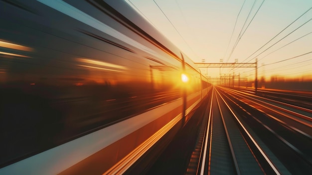Treno veloce al tramonto il suo movimento sfocato evoca il ritmo rapido della vita moderna e dei viaggi