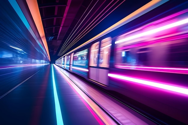 Treno veloce della metropolitana che corre attraverso i tunnel Luce neon rosa e blu