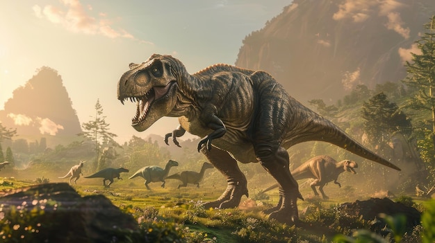 TRex guida un branco di dinosauri attraverso una valle preistorica