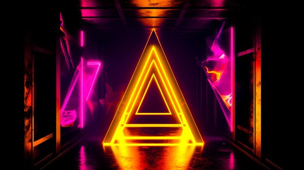 Triangolo al neon in una stanza buia con luce al neon sul pavimento AI generativa