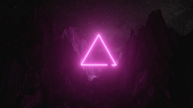 Triangolo rosa neon luminoso tra le montagne