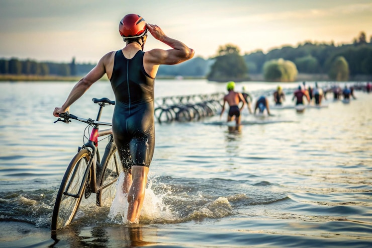 Foto triathlon un atleta passa dal nuoto al ciclismo uscendo dall'acqua e rapidamente