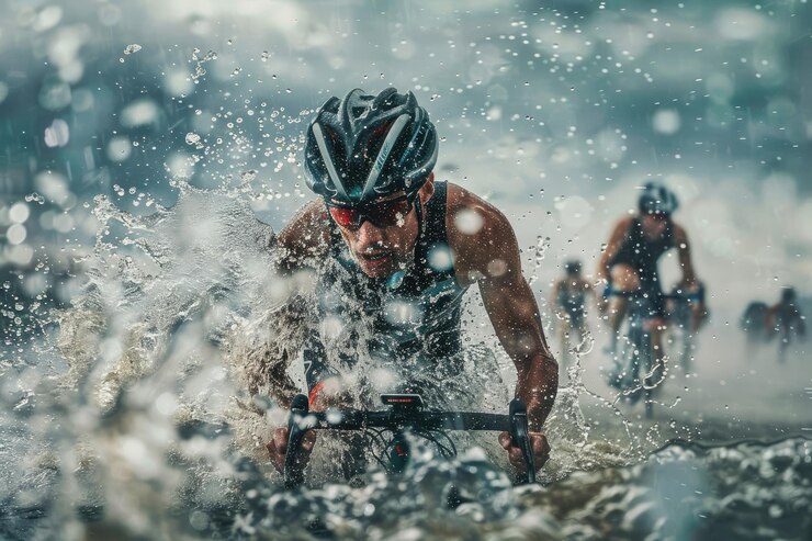 Foto triatleta che emerge dall'acqua che passa al ciclismo bagnato e determinato