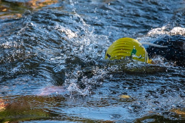 Triatleta professionista che nuota nei fiumi in acque libere