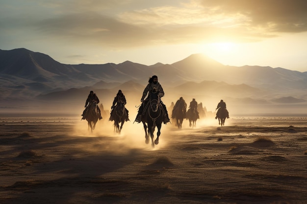Tribù nomade che viaggia a cavallo nel deserto aperto