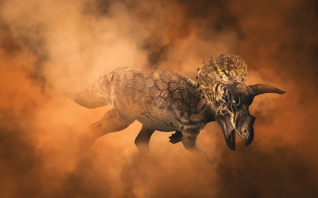Triceratopo, dinosauro su sfondo di fumo
