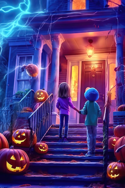 TrickorTreat Adventure I bambini visitano la misteriosa vecchia casa luminosa AI generativa