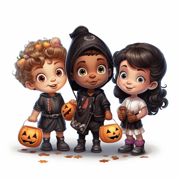 TrickorTreaters Crea un gruppo di bambini carini in costumi di Halloween con adesivi dolcetti