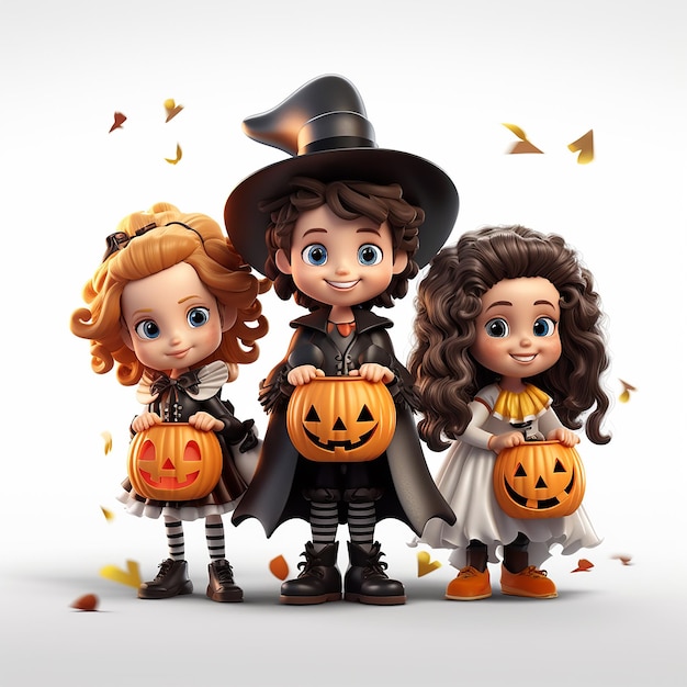 TrickorTreaters Crea un gruppo di bambini carini in costumi di Halloween con adesivi dolcetti