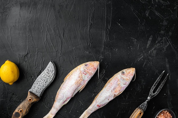 Triglia di scoglio crudo o sultanka fresco intero set di pesce, con ingredienti ed erbe aromatiche, su sfondo nero tavolo in pietra scura, vista dall'alto piatta, con copia spazio per il testo