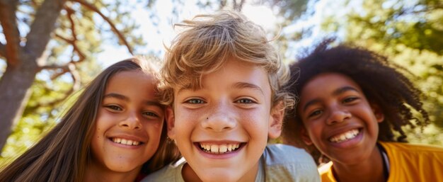 Trio di amici diversi che sorridono insieme sotto gli alberi illuminati dal sole.