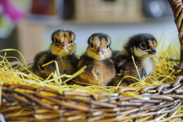 Trio di pulcini in un cesto di vimini con paglia gialla