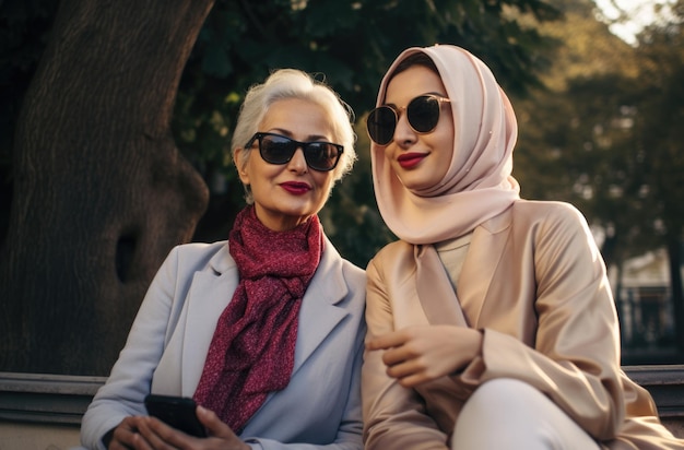 Trio sorridente di donne Demiosar che si fanno selfie in un parco illuminato dal sole