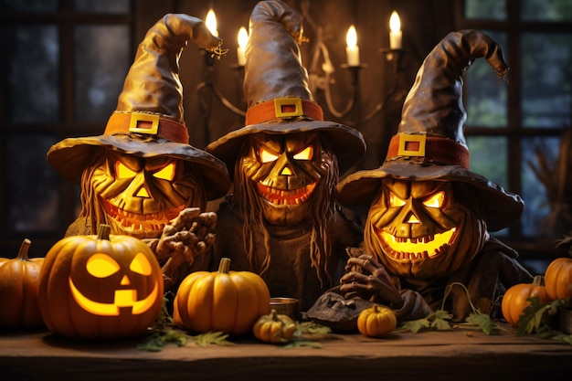 Trio spettrale di zucche di Halloween con facce scolpite sul tavolo Immagine stock facilmente individuabile con ge...