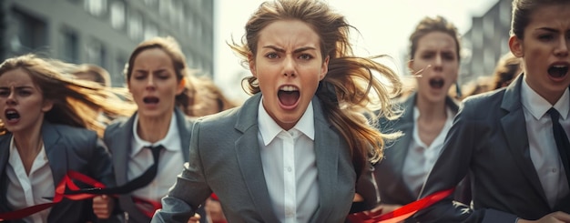 Trionfo della maratona aziendale Gruppo di uomini d'affari in abito che attraversano il traguardo incarnando la lotta per il successo Determinazione e lavoro di squadra nel mondo competitivo degli affari e oltre