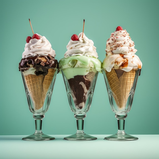 Triple Delight Gourmet Ice Cream Cones su Pastel Mint Generative AI