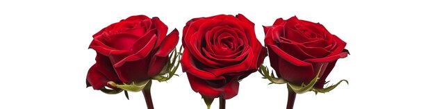 Triplici rose rosse su uno sfondo bianco puro che simboleggiano amore ed eleganza