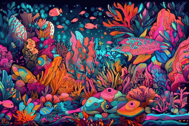Trippy animali e creature mondo sottomarino con piante di pesci colorati e psichedelici e coralli
