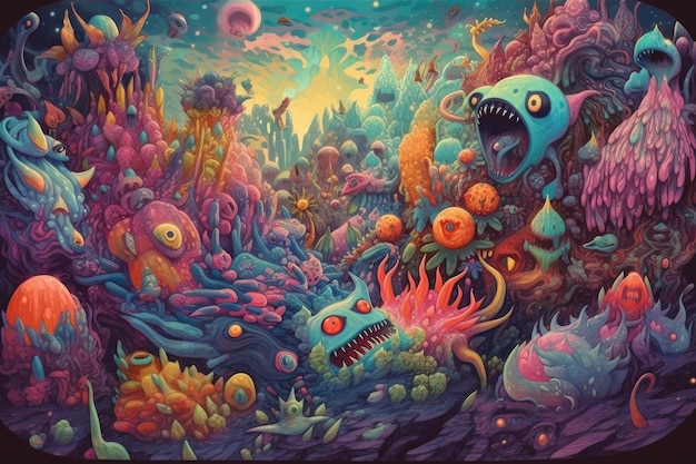 Trippy mondo alieno pieno di creature bizzarre e colorate