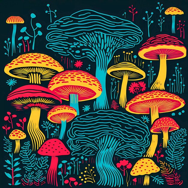 Trippy Mushroom Dream Psychedelic Retro Pattern AI generativa