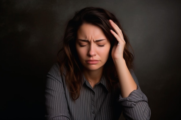 Triste donna stanca che tocca il viso con mal di testa o depressione