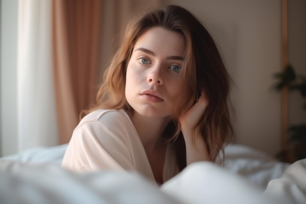 Triste giovane donna seduta a letto e guardando la fotocamera Ritratto di giovane e bella donna IA generativa