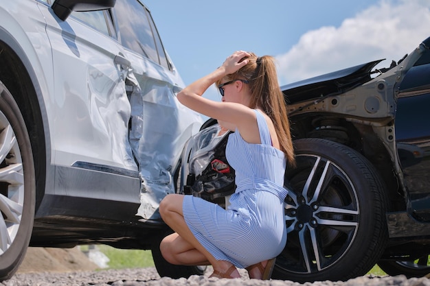 Triste guidatrice seduta sul lato della strada scioccata dopo un incidente d'auto Concetto di sicurezza stradale e assicurazione del veicolo